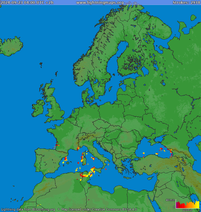 Carte de la foudre Europe 23/09/2024 (Animation)