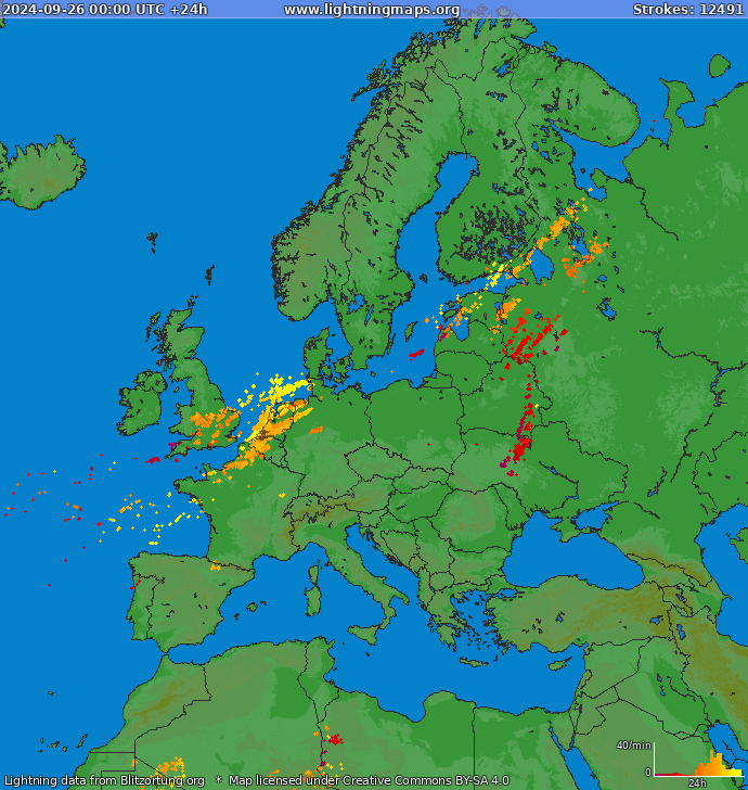 Mappa dei fulmini Europa 26.09.2024