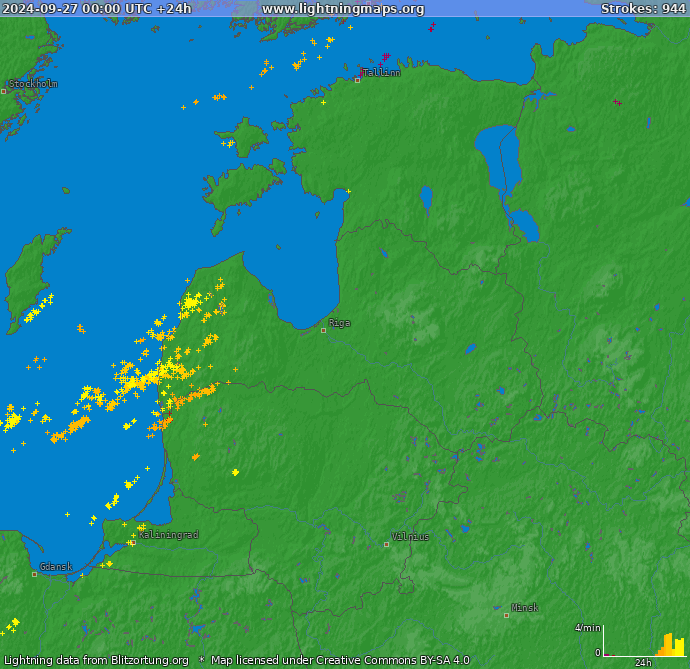 Mapa bleskov Baltické štáty 27.09.2024