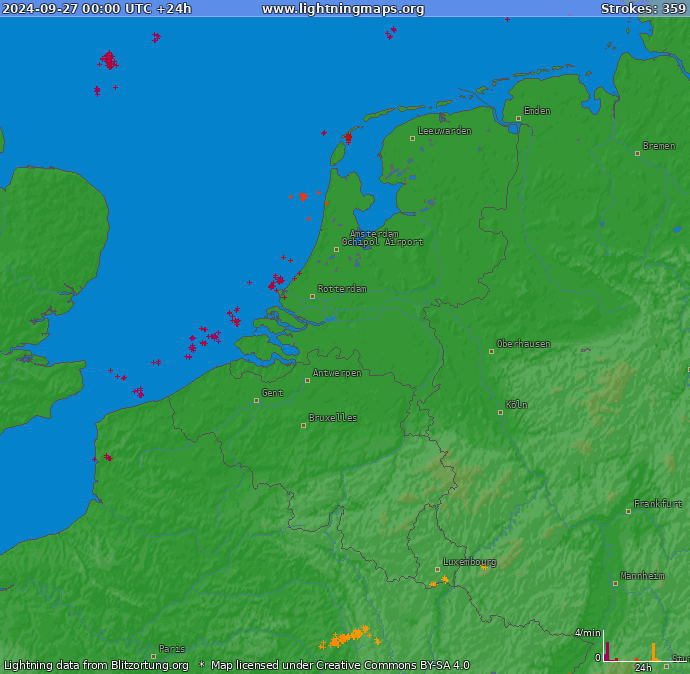 Mappa dei fulmini Benelux 27.09.2024