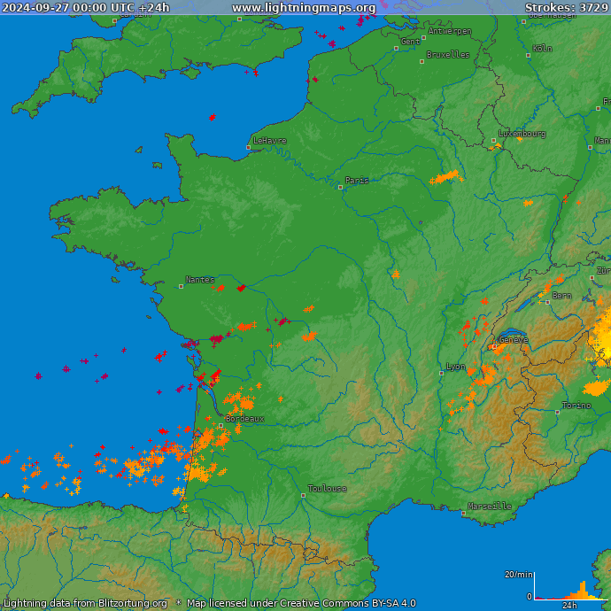 Mapa bleskov Francúzsko 27.09.2024