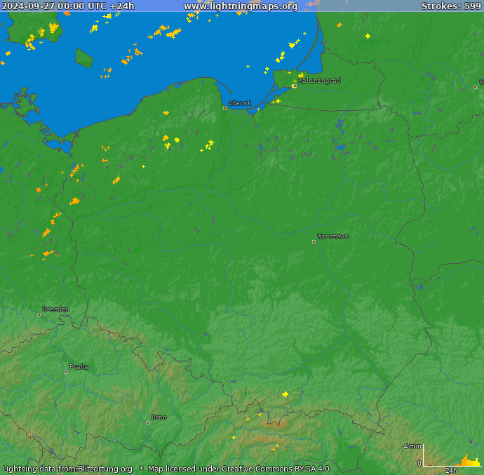 Lightning map Poland 2024-09-27