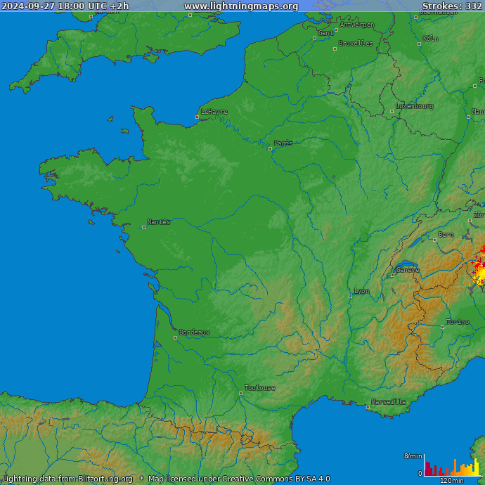 Mappa dei fulmini Francia 27.09.2024 (Animazione)