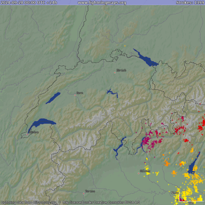 Bliksem kaart Zwitserland 28.09.2024