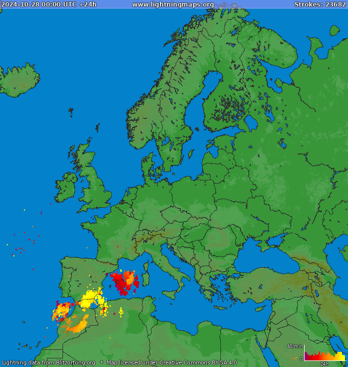 Lightning map Europe 2024-10-28