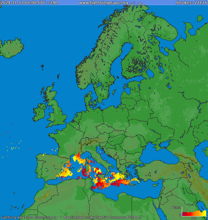 Mappa dei fulmini Europa 12.11.2024