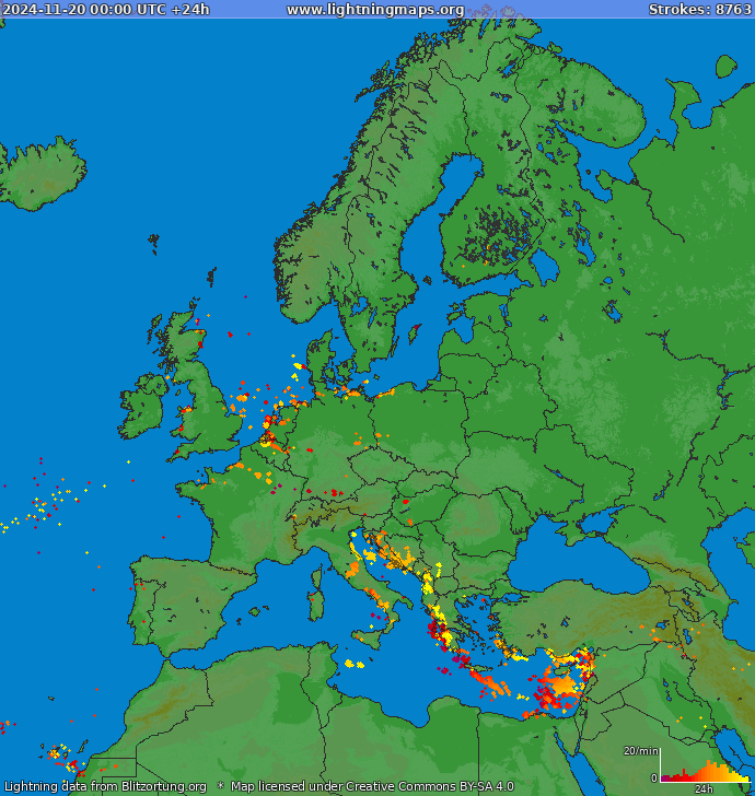 Lightning map Europe 2024-11-20