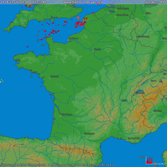 Mappa dei fulmini Francia 26.11.2024