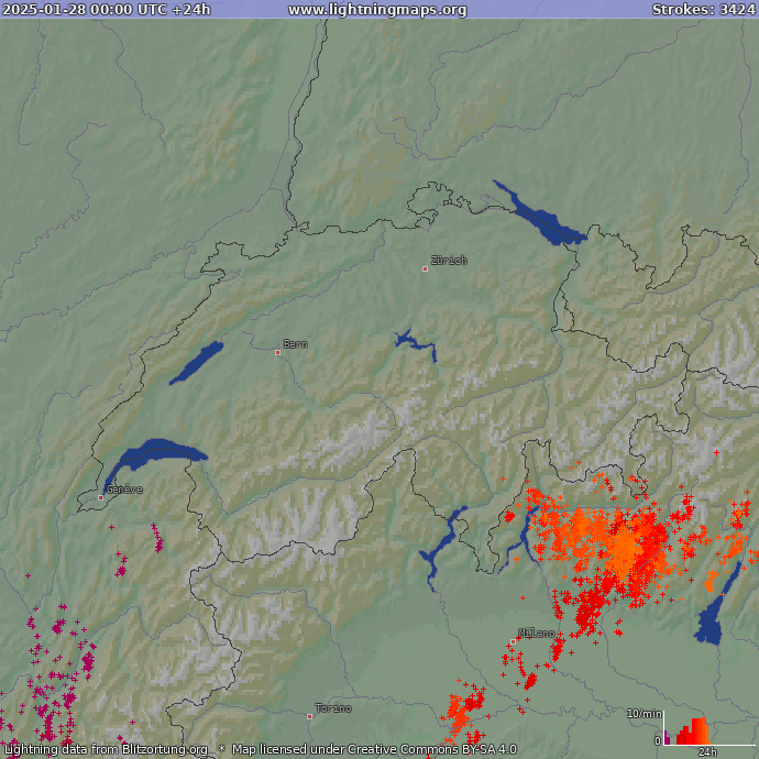 Lightning map Switzerland 2025-01-28