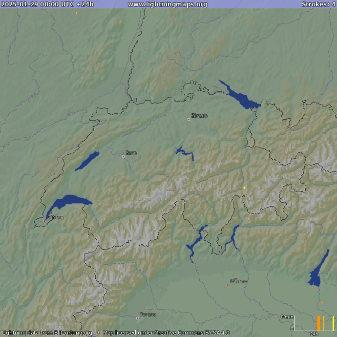 Карта блискавок Швейцарія 29.01.2025