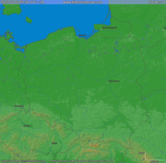 Lightning map Poland 2025-02-11 (Animation)