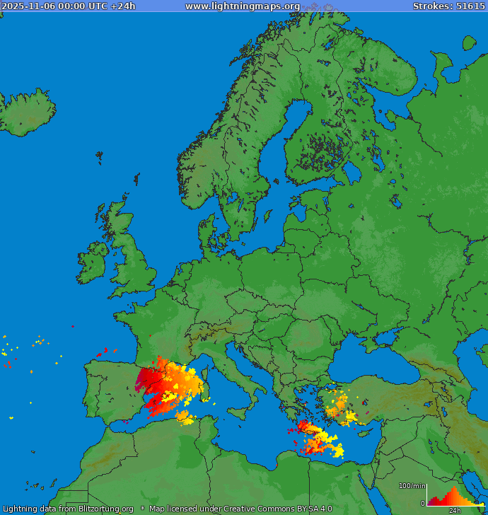 Lightning map Europe 2025-11-06