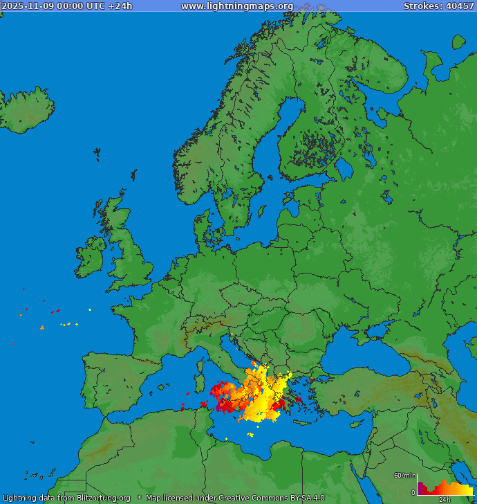 Bliksem kaart Europa 09.11.2025
