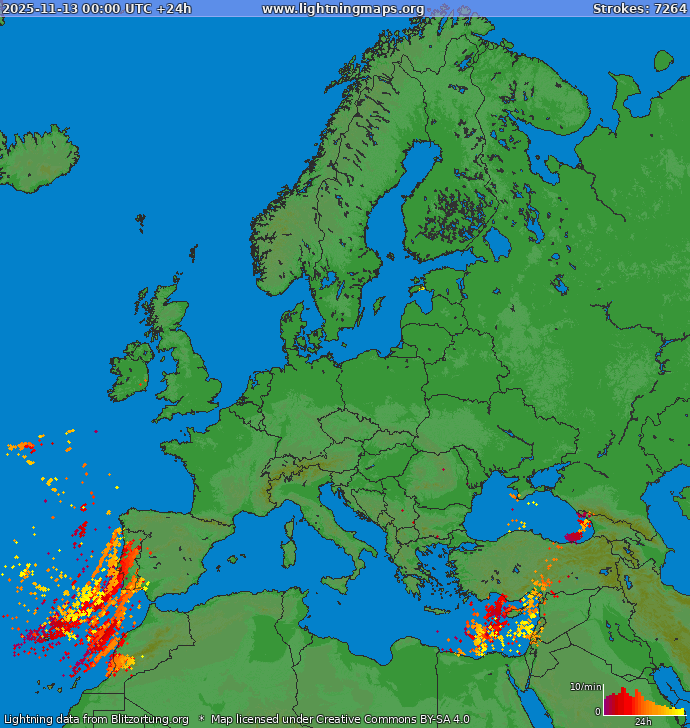 Lightning map Europe 2025-11-13