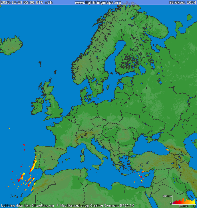 Lightning map Europe 2025-11-13 (Animation)