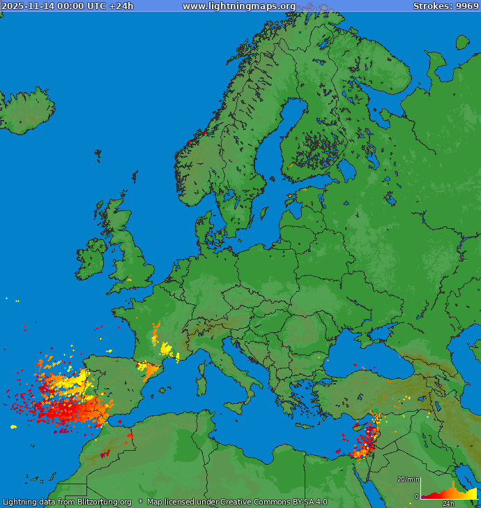 Lightning map Europe 2025-11-14