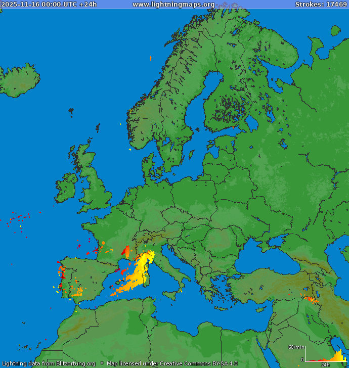 Mapa bleskov Európa 16.11.2025