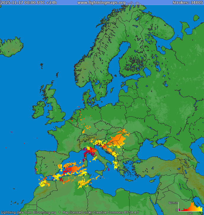 Bliksem kaart Europa 17.11.2025