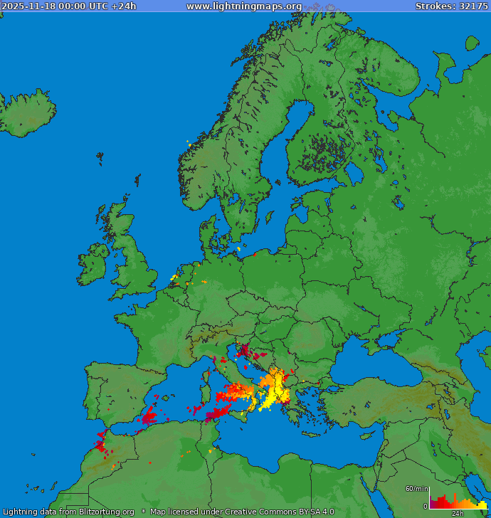 Lightning map Europe 2025-11-18