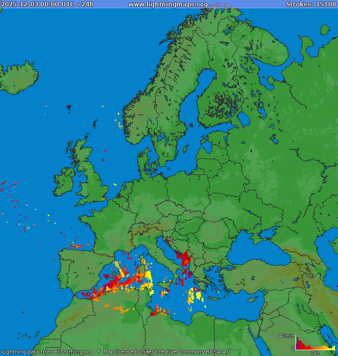 Mappa dei fulmini Europa 03.12.2025