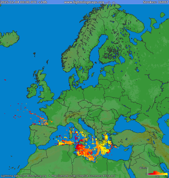 Lightning map Europe 2025-12-04