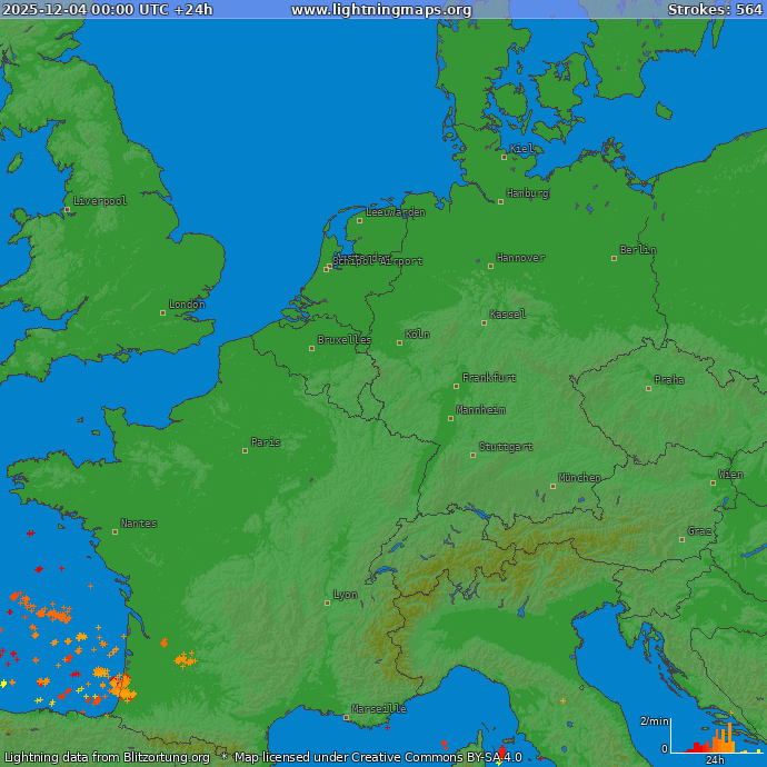 Lightning map Western Europe 2025-12-04
