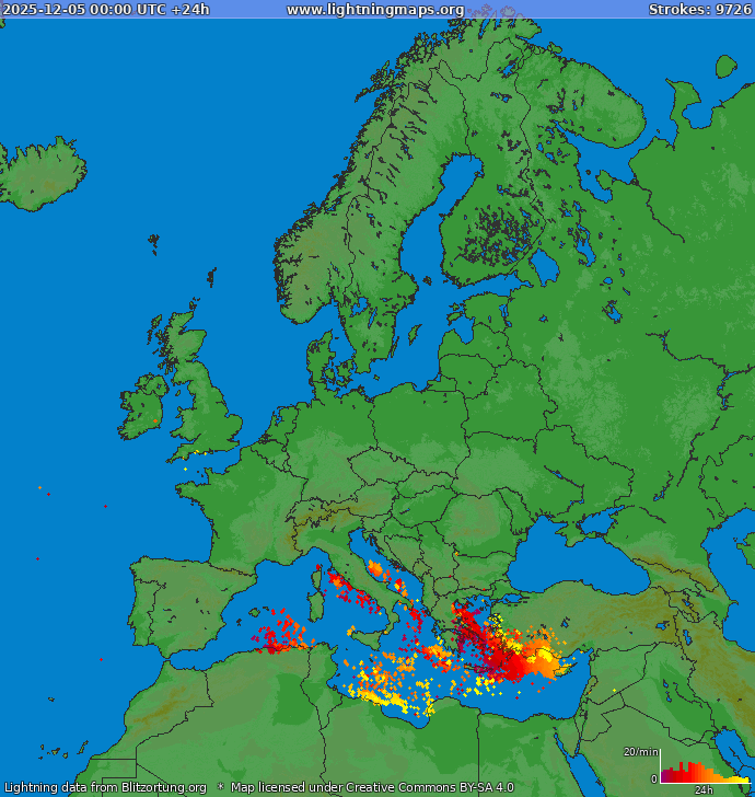 Mapa bleskov Európa 05.12.2025