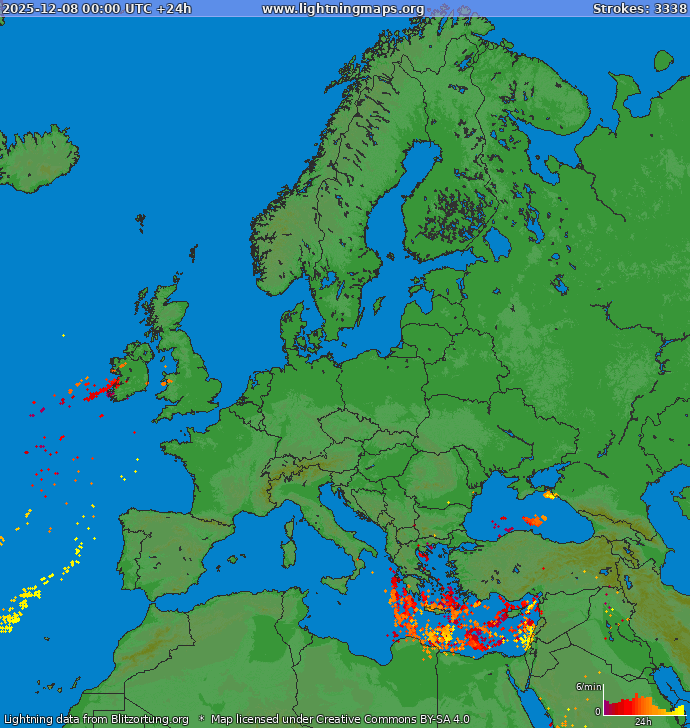 Lightning map Europe 2025-12-08