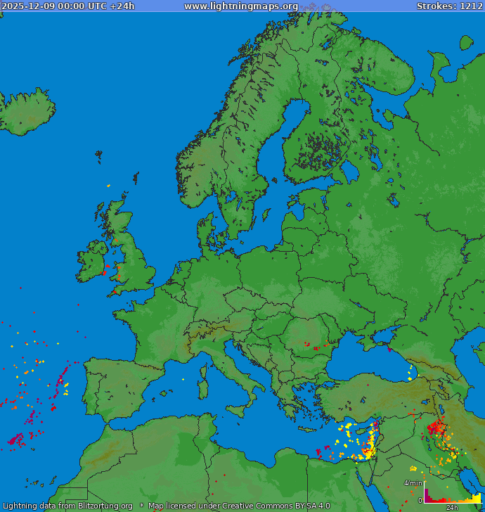 Lightning map Europe 2025-12-09