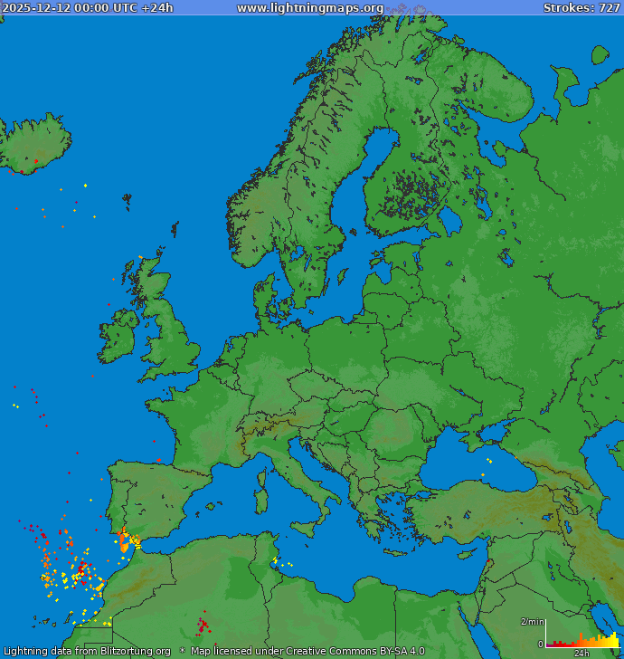 Lightning map Europe 2025-12-12