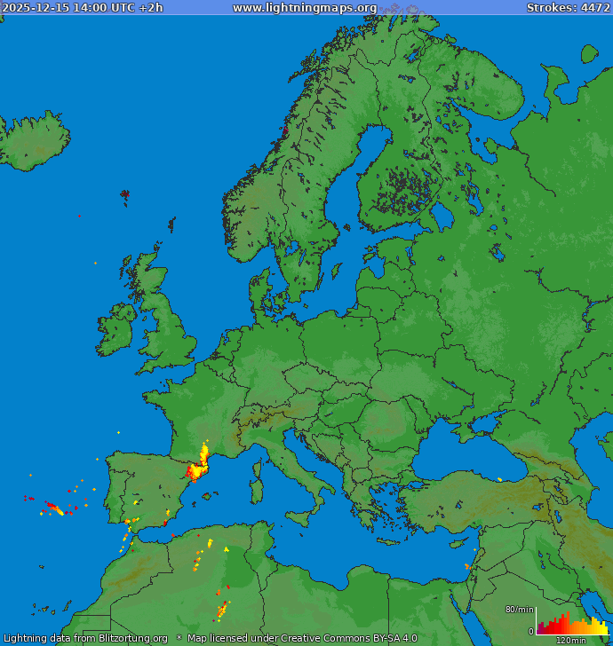 Lightning map Europe 2025-12-15 (Animation)