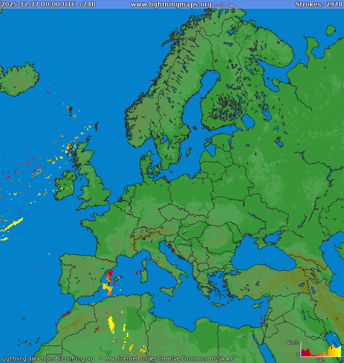 Lightning map Europe 2025-12-17
