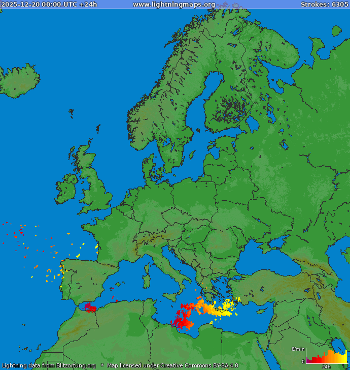 Lightning map Europe 2025-12-20