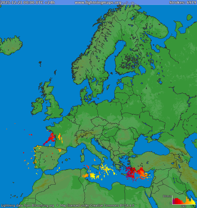 Lightning map Europe 2025-12-21