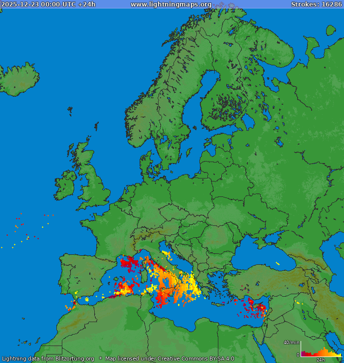 Lightning map Europe 2025-12-23