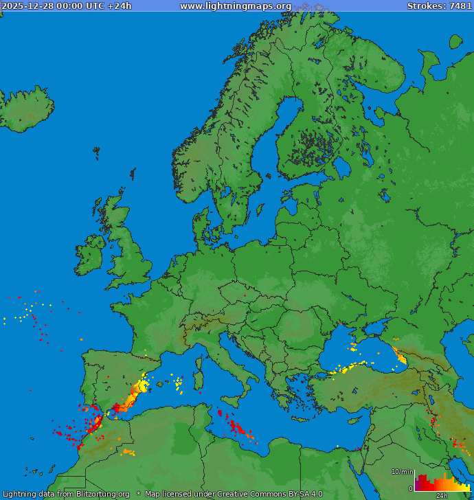 Mappa dei fulmini Europa 28.12.2025