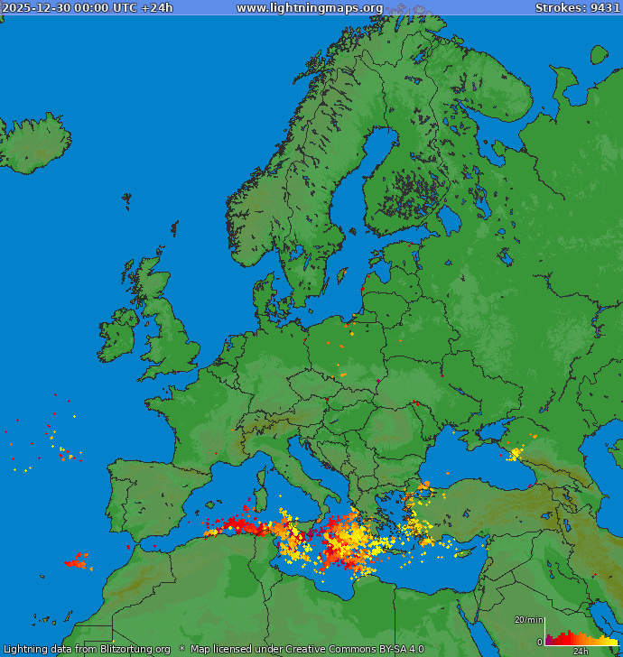 Mappa dei fulmini Europa 30.12.2025