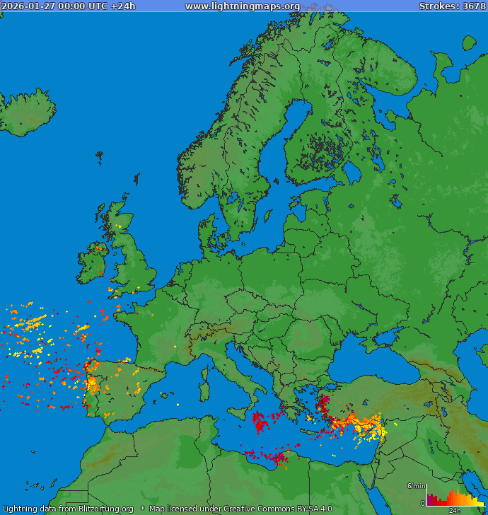 Lightning map Europe 2026-01-27