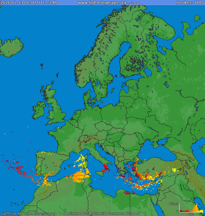 Mappa dei fulmini Europa 13.02.2026
