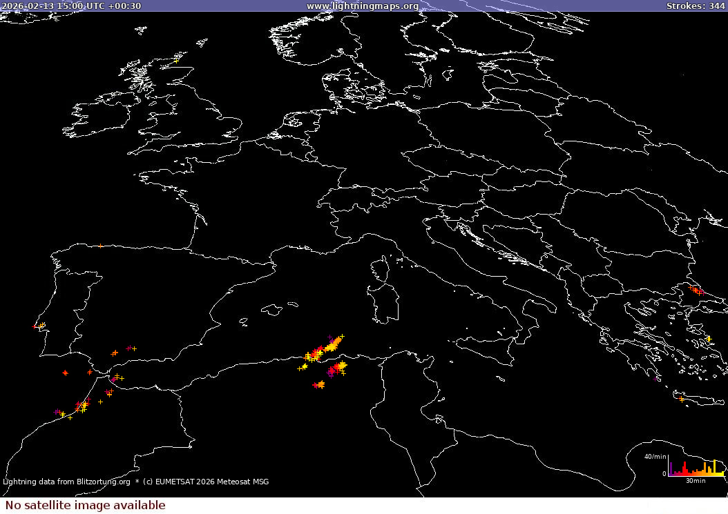 Lightning map Sat: Europe Clouds + Rain 2026-02-13 (Animation)