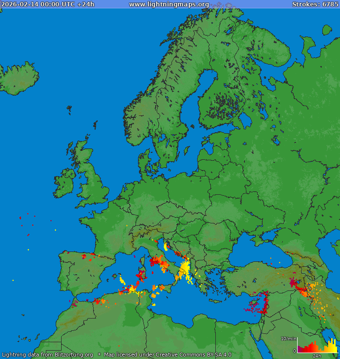 Lightning map Europe 2026-02-14