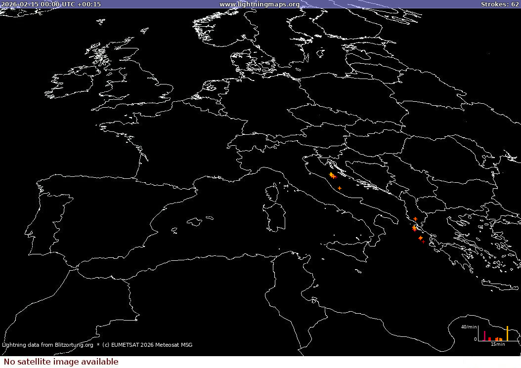 Mappa dei fulmini Sat: Europe Clouds + Rain 15.02.2026
