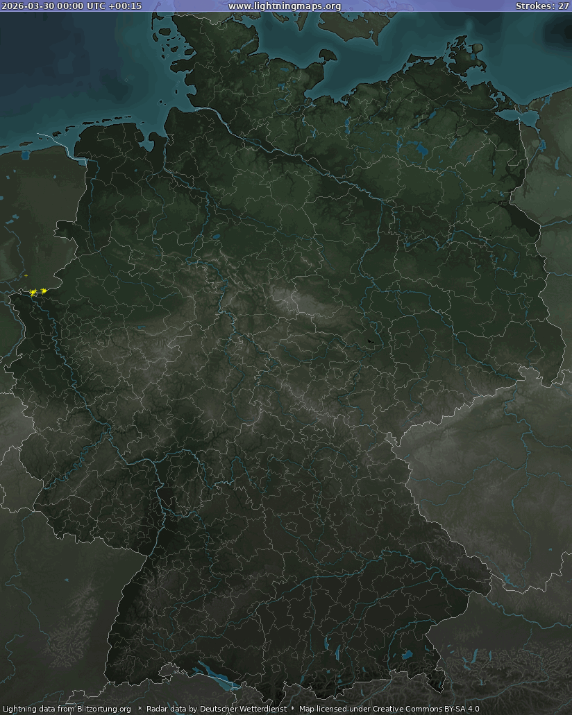 Mapa bleskov Germany Radar 30.03.2026