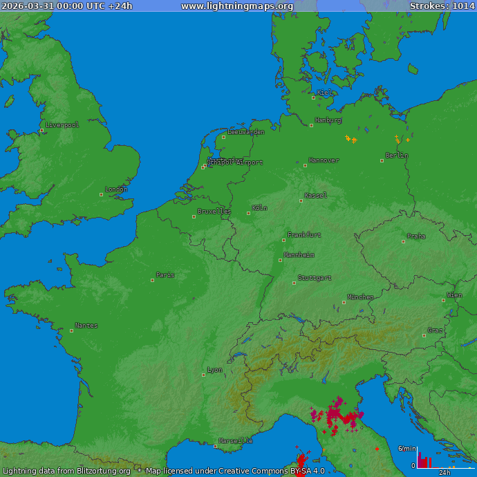 Lightning map Western Europe 2026-03-31
