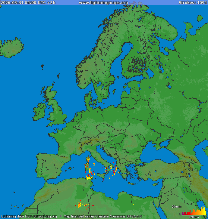 Lightning map Europe 2026-03-31 (Animation)