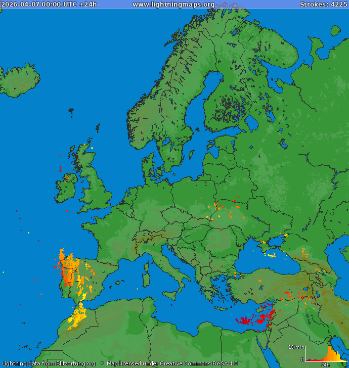 Lightning map Europe 2026-04-07