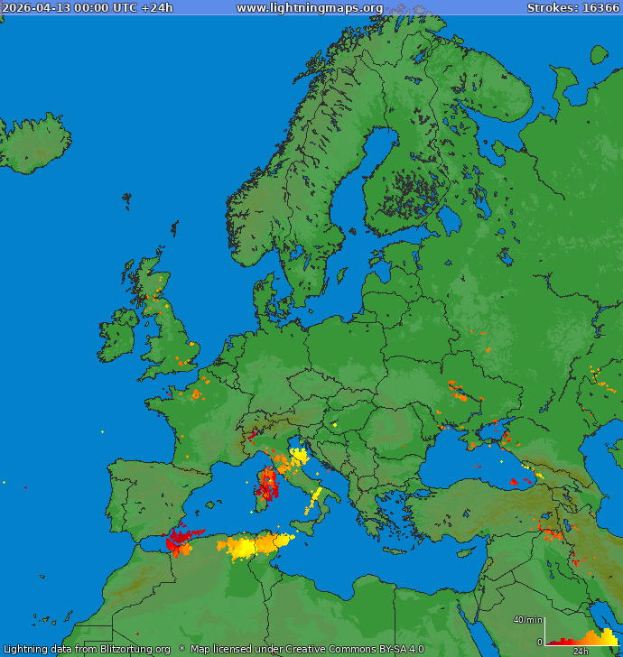 Lightning map Europe 2026-04-13