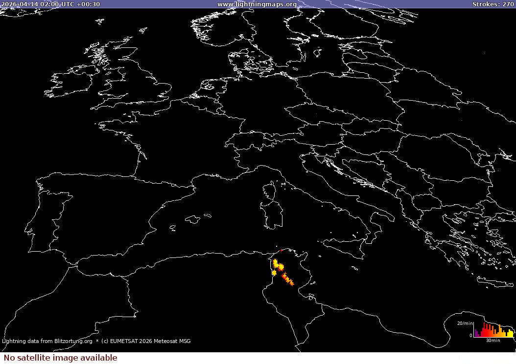Mappa dei fulmini Sat: Europe Clouds + Rain 14.04.2026 (Animazione)