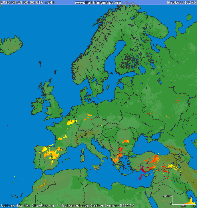 Bliksem kaart Europa 18.04.2026