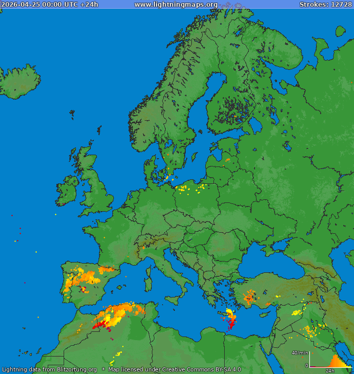 Карта блискавок Європа 25.04.2026